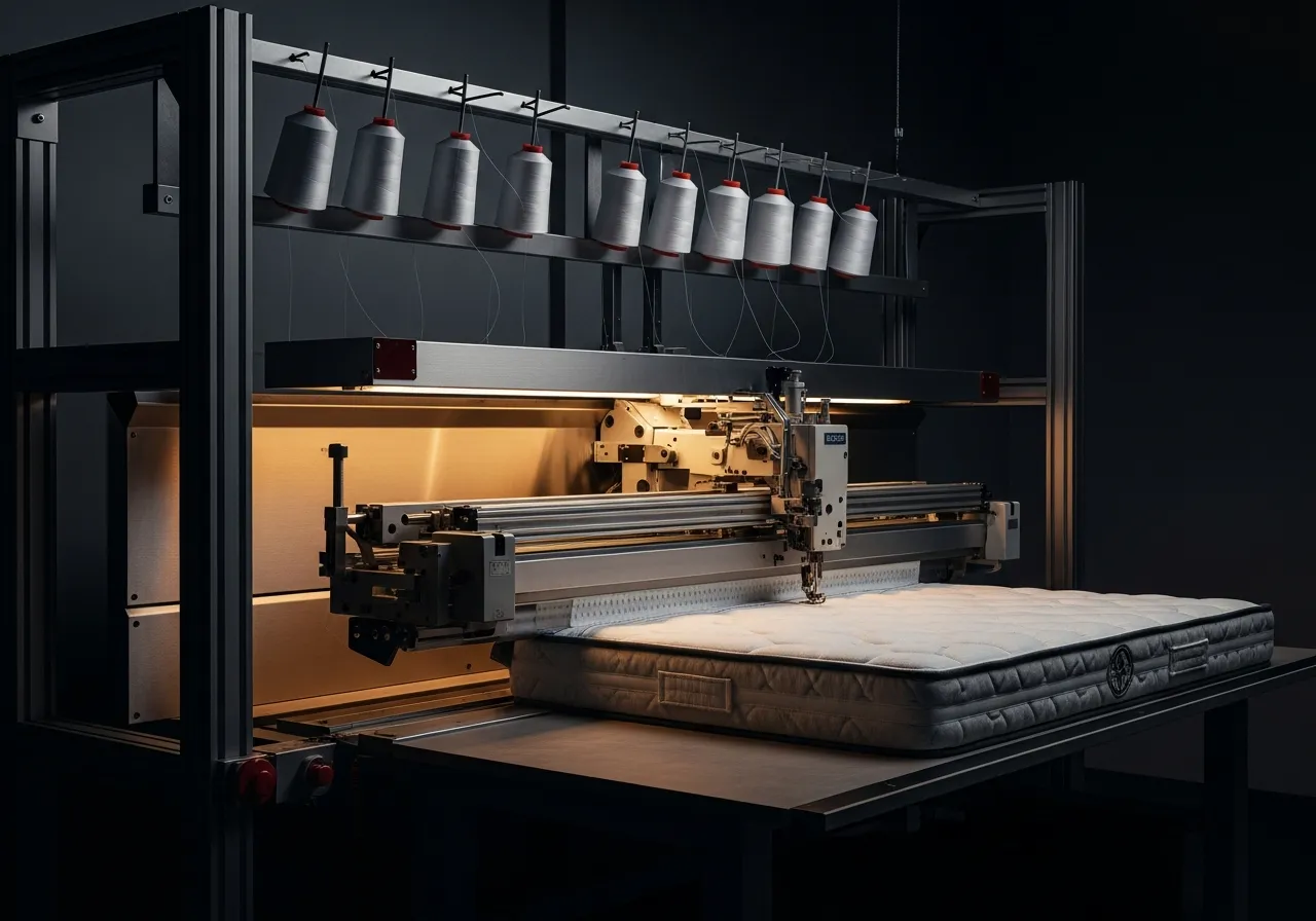 An automated border-sewing workstation with a steel frame and thread cones