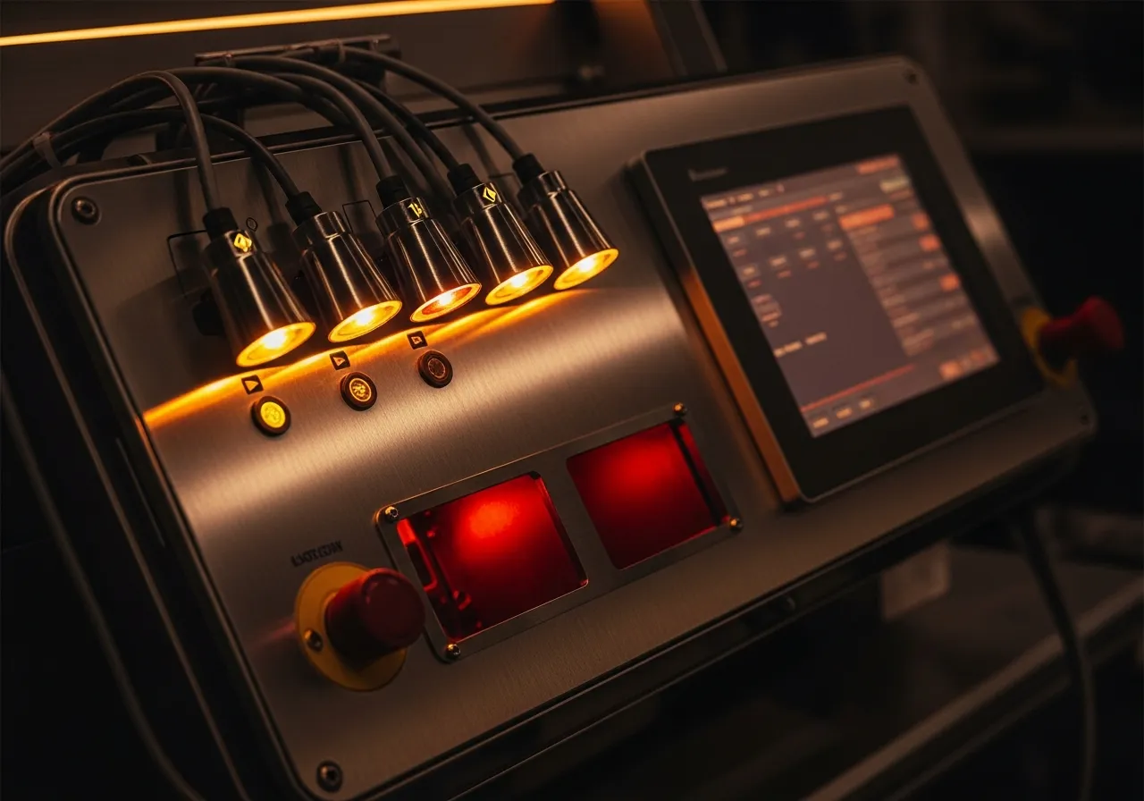 A close-up of an industrial sewing machine control panel and brushed-steel parts in a dark shop