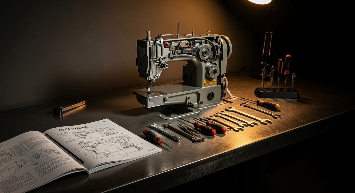 A sewing technician training bench with a partially disassembled industrial sewing machine head and tools