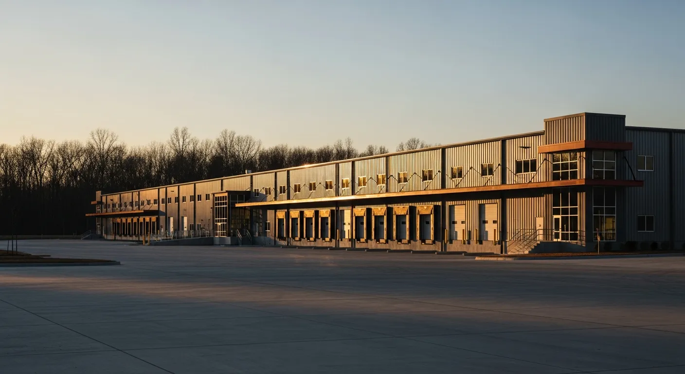 Industrial manufacturing plant exterior in the North Carolina furniture corridor with truck loading docks