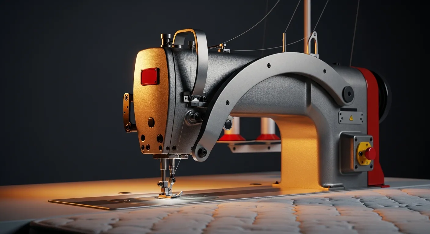 The 1394 Tape Edge Workstation, a brushed-steel sewing machine head against a dark background