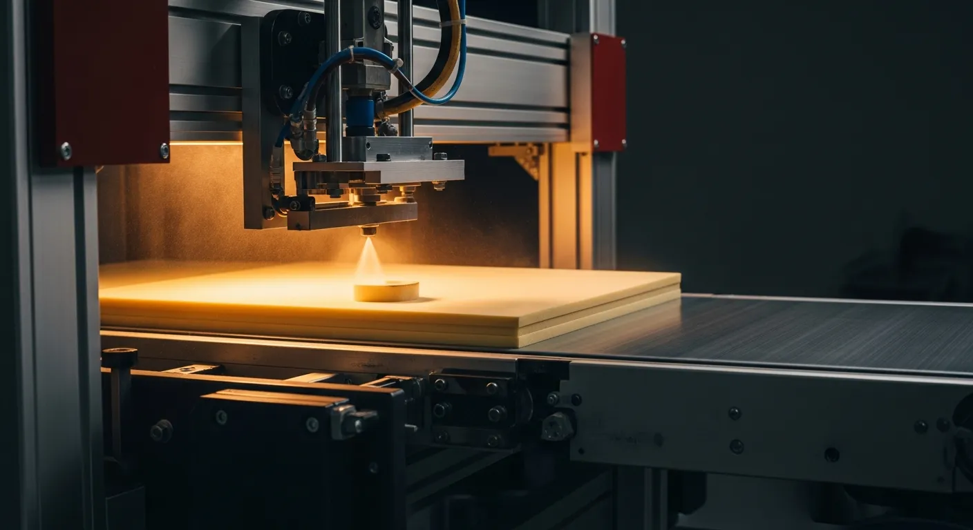 An automated foam gluing and lamination station with a spray head over a steel conveyor
