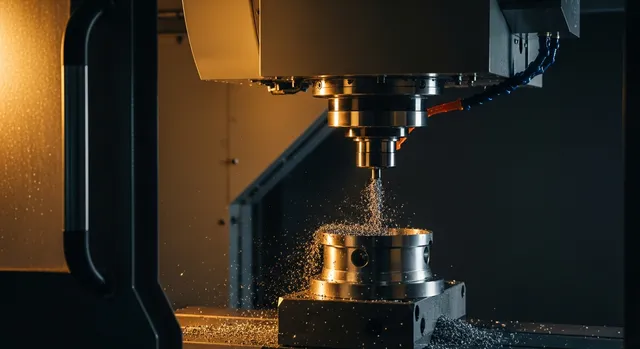 A precision CNC machining center cutting a brushed steel component with fine metal chips flying in a dark machine shop
