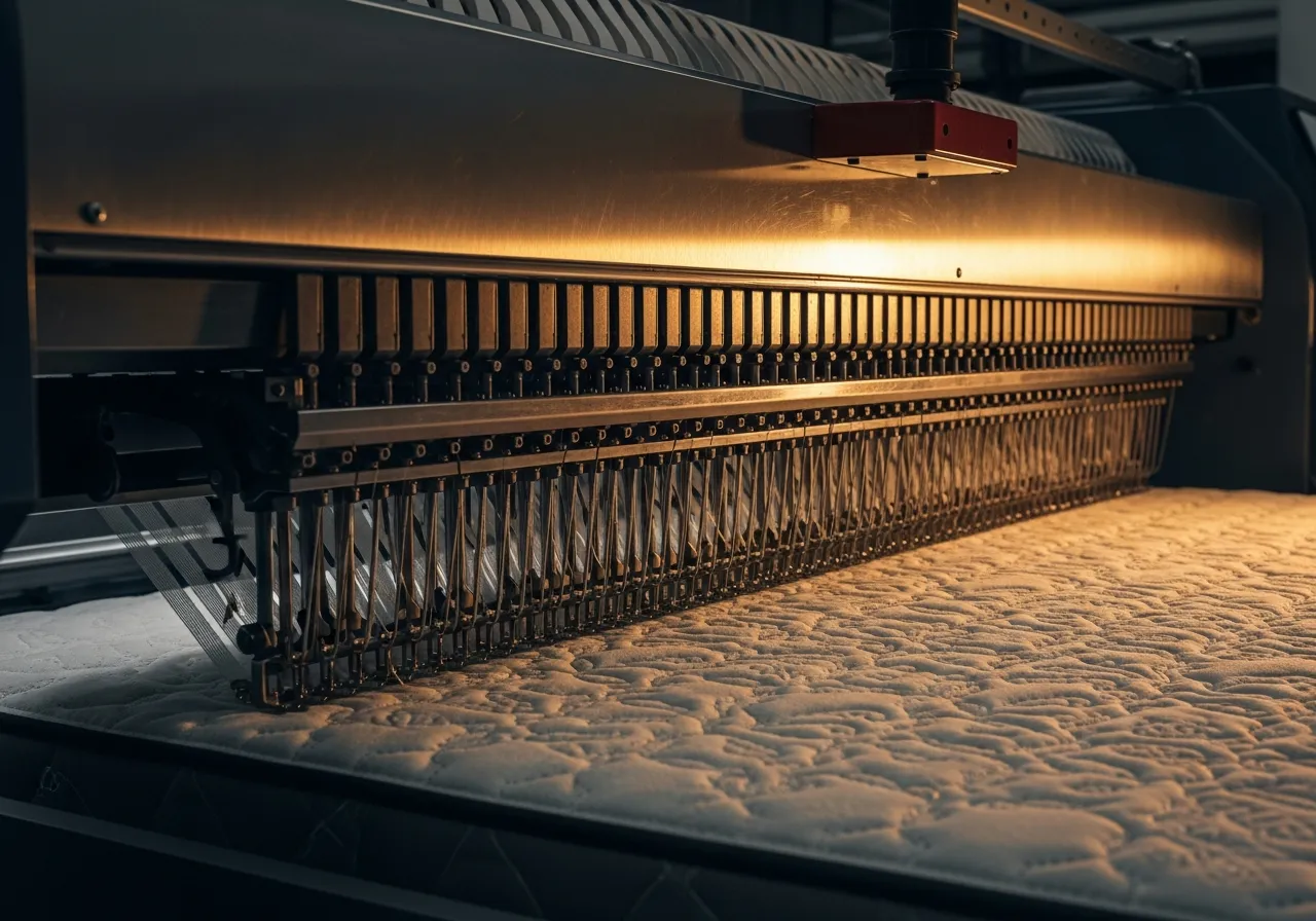 A quilting machine stitching a mattress cover panel